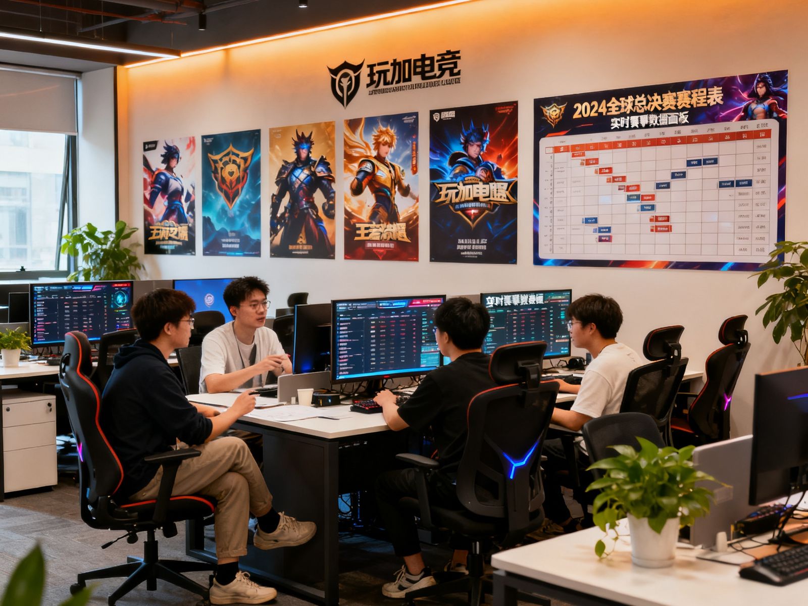 玩加电竞成都办公室内景，开放式工位上团队成员正在讨论产品方案，墙上装饰着各款游戏的海报和赛事时间表，多块显示器上显示着实时的赛事数据面板