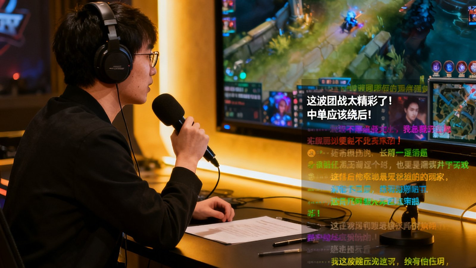 一场线上DOTA2赛事的直播画面截图，专业解说员正在分析战局，屏幕右侧弹幕区玩家热情互动讨论