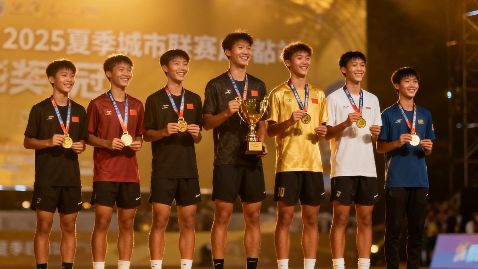2025夏季城市联赛成都站颁奖仪式，金色舞台灯光洒在冠军队伍身上，队员们手捧奖牌笑容灿烂