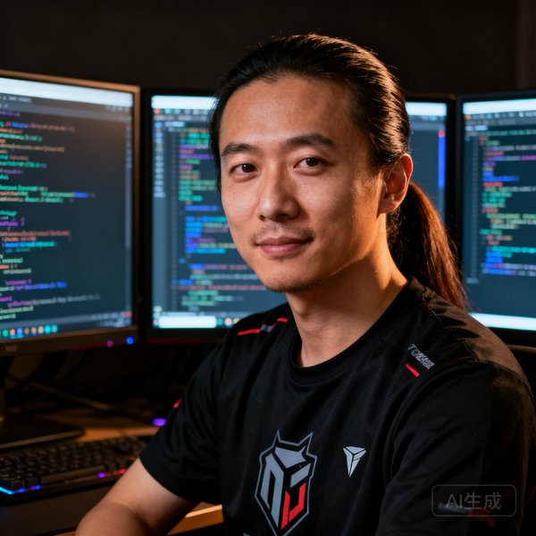 联合创始人兼CTO陈坤，32岁，长发扎马尾，身穿黑色电竞主题T恤，面前摆着三台显示器